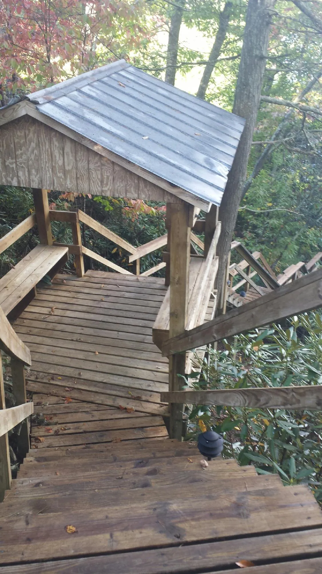 Metal roofed shelter over wooden steps on a wooded walkway — Skylight Repair & Installation work by our crew in Manton